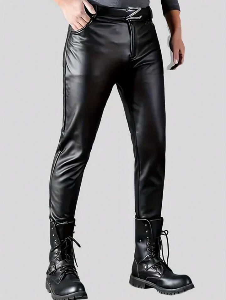 Men's Classic Style Skinny Slim Fit Elastic Leather Trousers